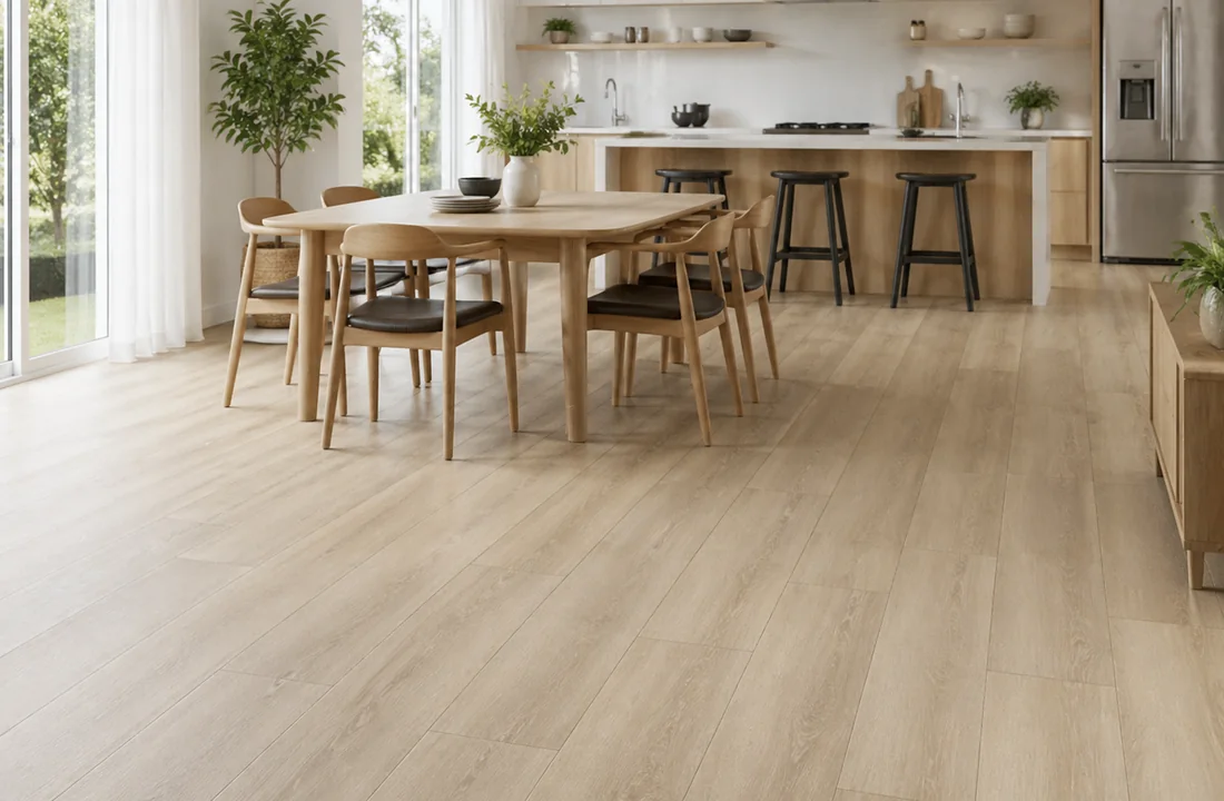 Dining space with wood-look flooring