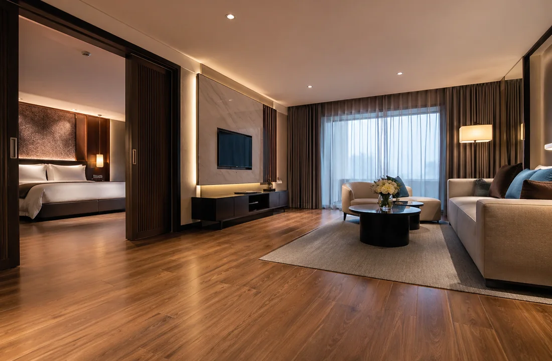 Wood-look flooring in a hospitality interior