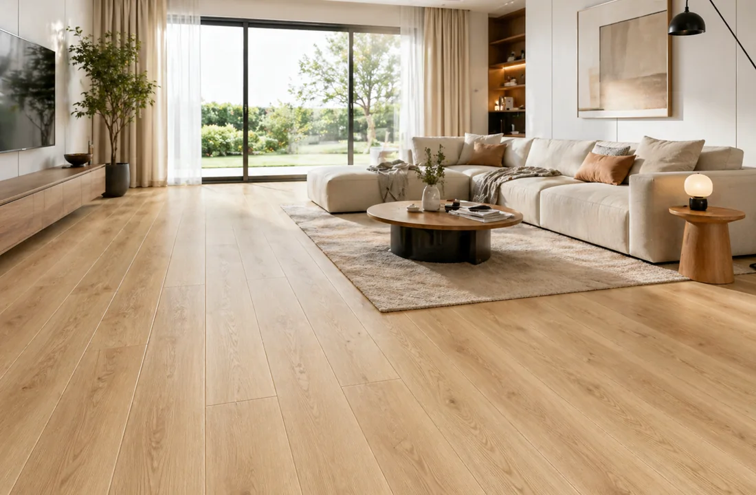 Residential living room with wood-look flooring